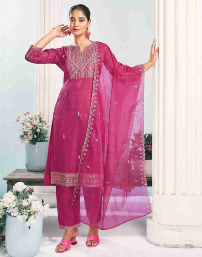 Dark Pink Simba Checks Embroidery Straight Kurta With Pant And Dupatta