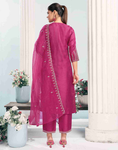 Dark Pink Simba Checks Embroidery Straight Kurta With Pant And Dupatta