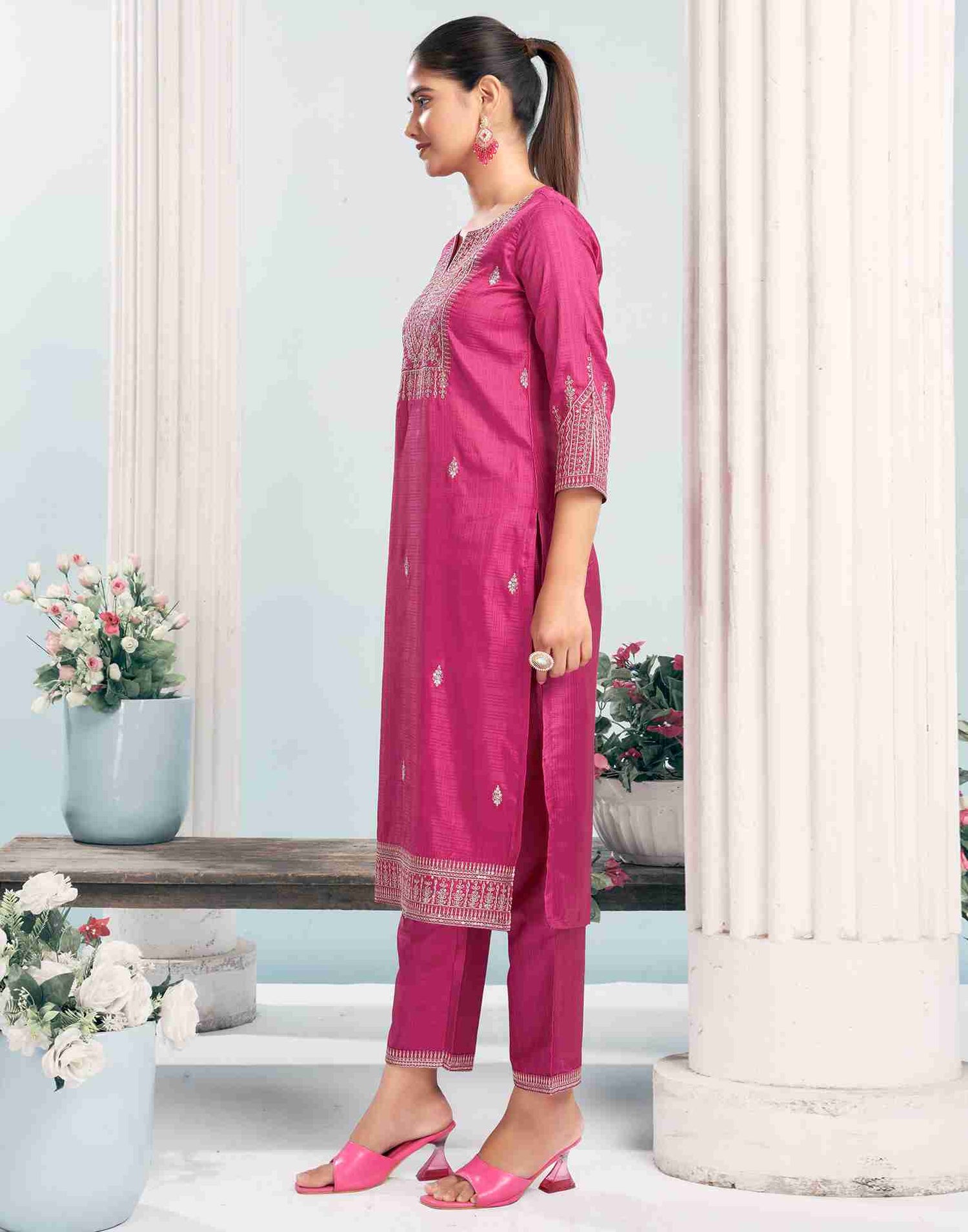 Dark Pink Simba Checks Embroidery Straight Kurta With Pant And Dupatta