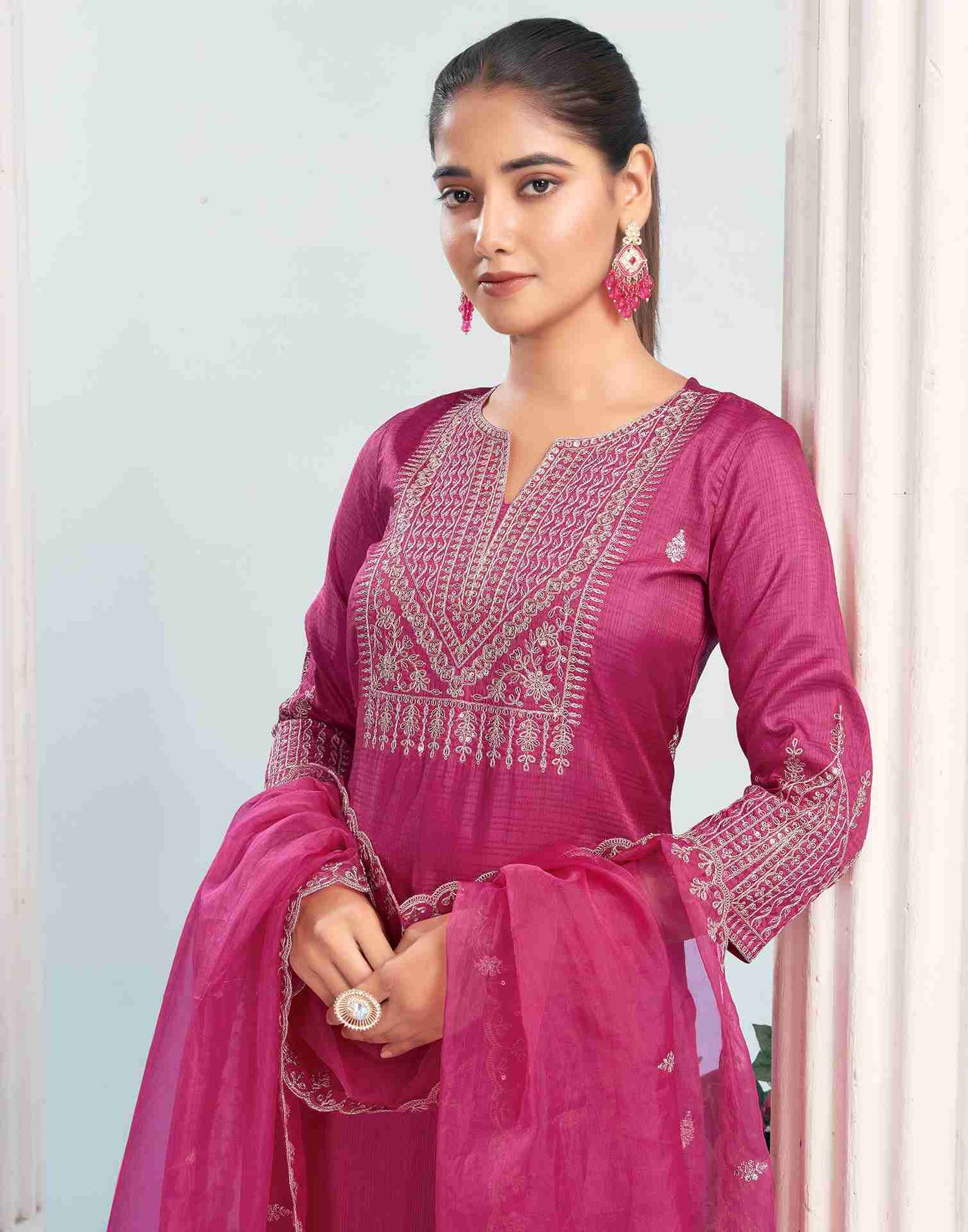 Dark Pink Simba Checks Embroidery Straight Kurta With Pant And Dupatta