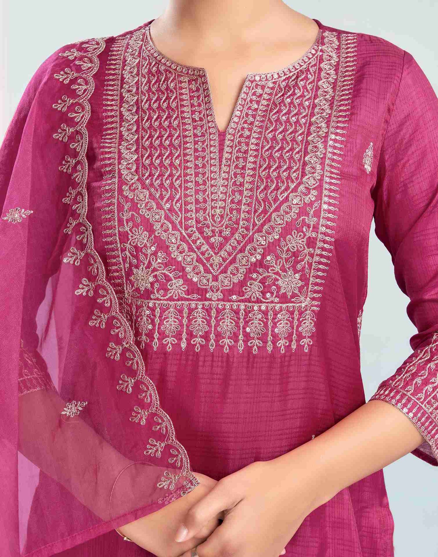 Dark Pink Simba Checks Embroidery Straight Kurta With Pant And Dupatta