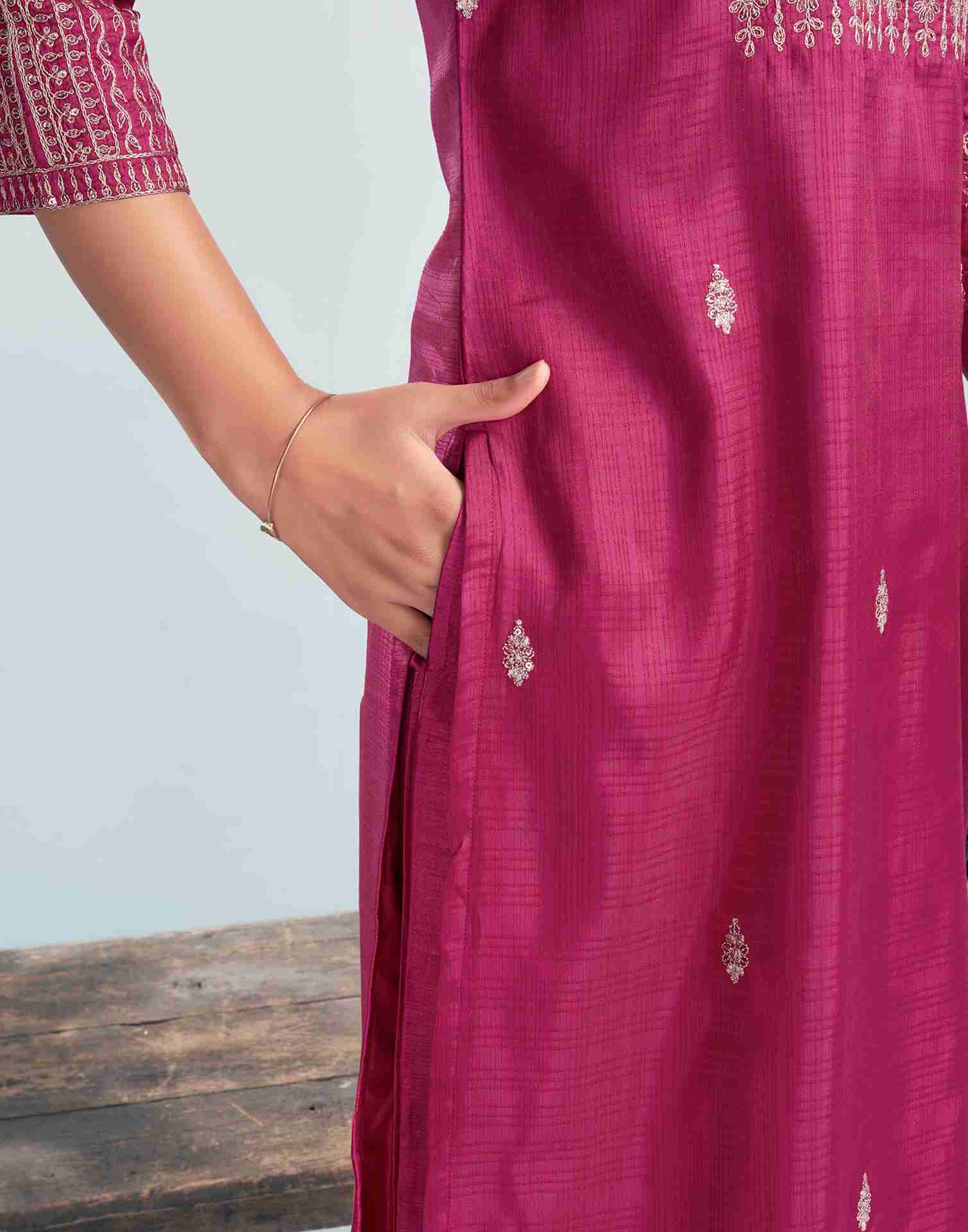 Dark Pink Simba Checks Embroidery Straight Kurta With Pant And Dupatta