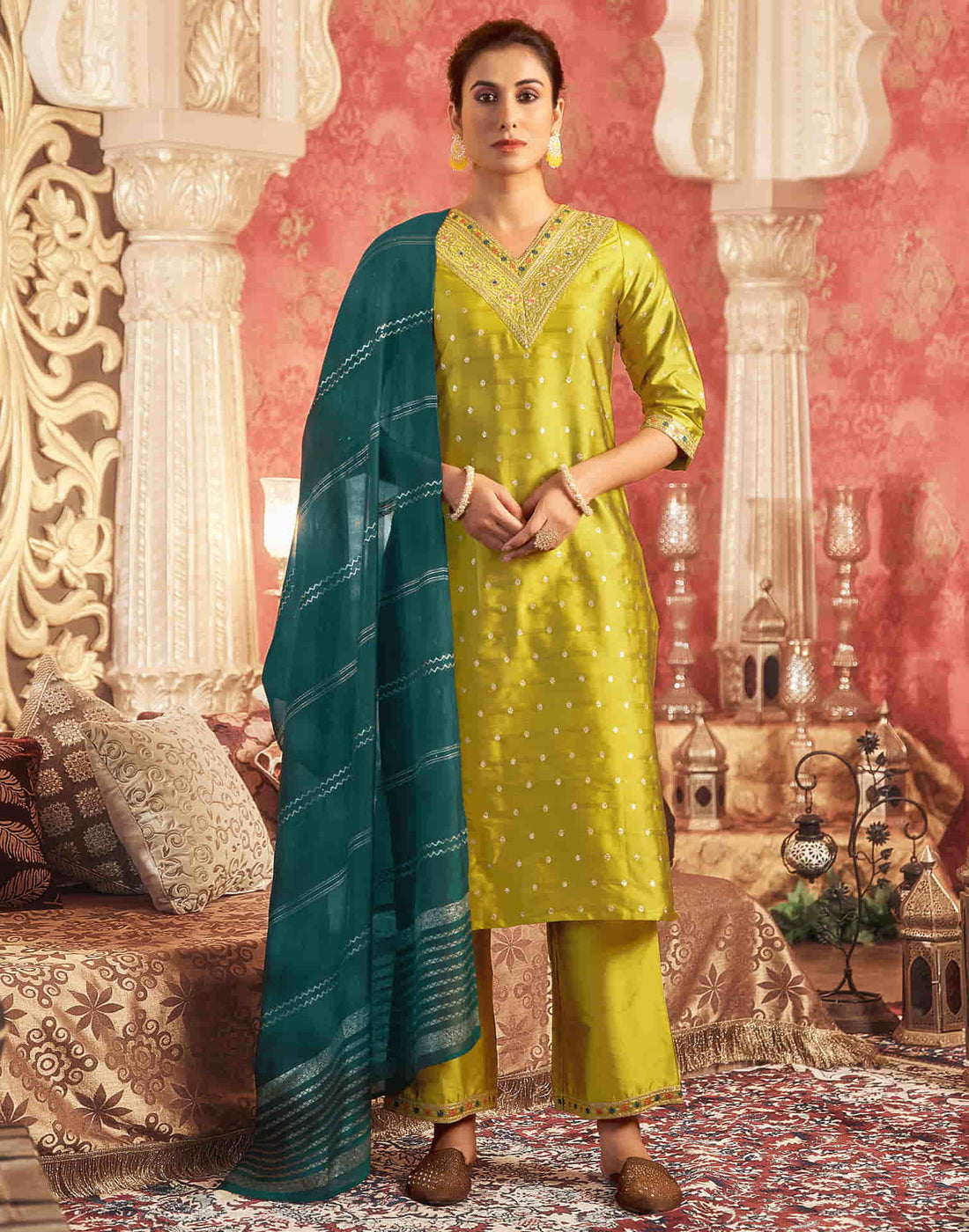 Mustard Green Silk Plain Straight Kurta Set With Dupatta