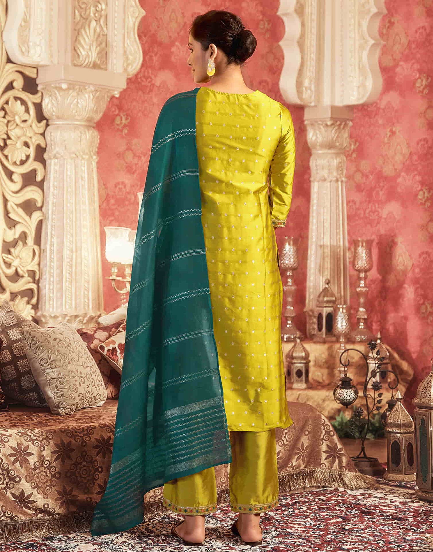 Mustard Green Silk Plain Straight Kurta Set With Dupatta