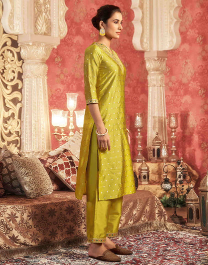 Mustard Green Silk Plain Straight Kurta Set With Dupatta