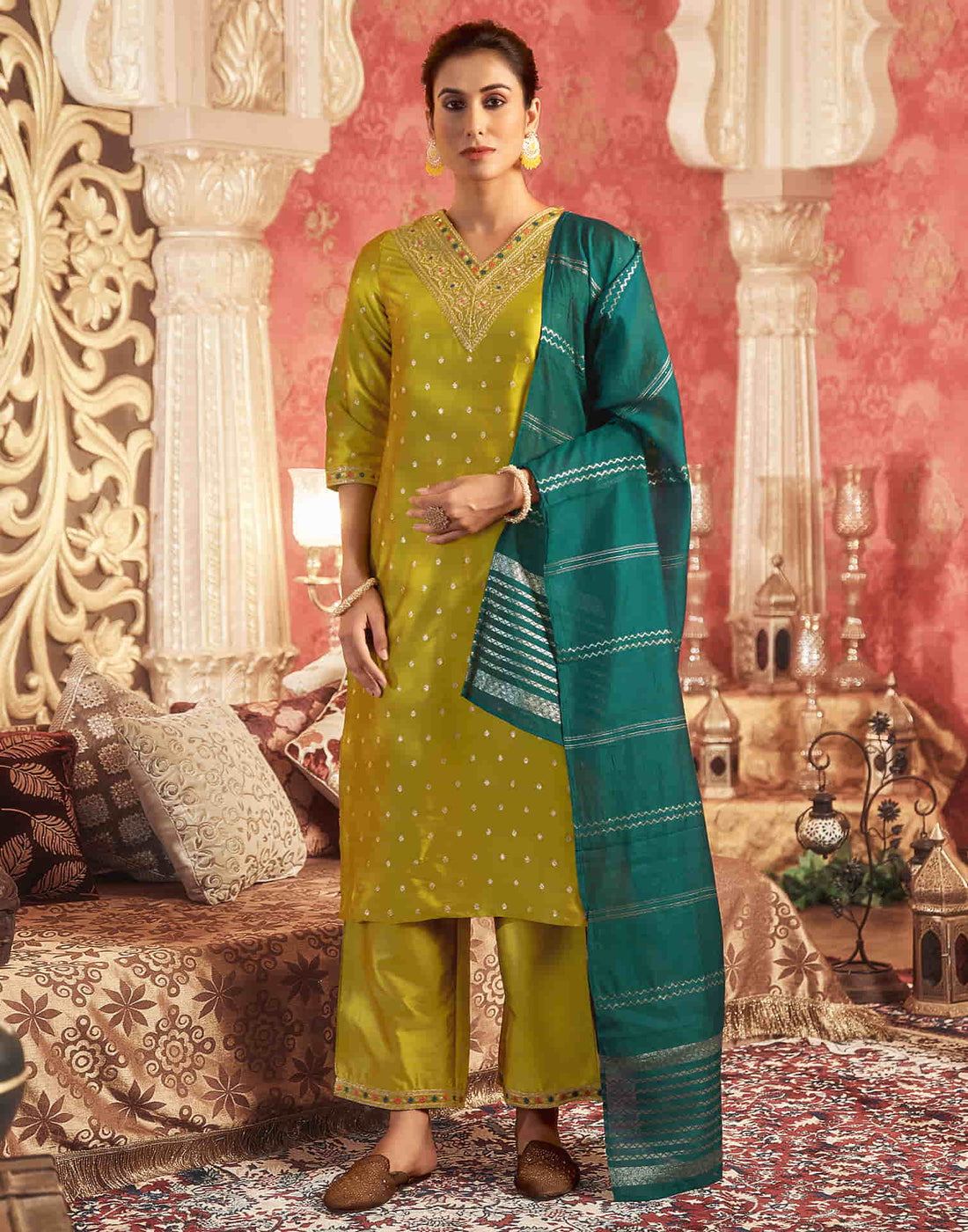 Mustard Green Silk Plain Straight Kurta Set With Dupatta