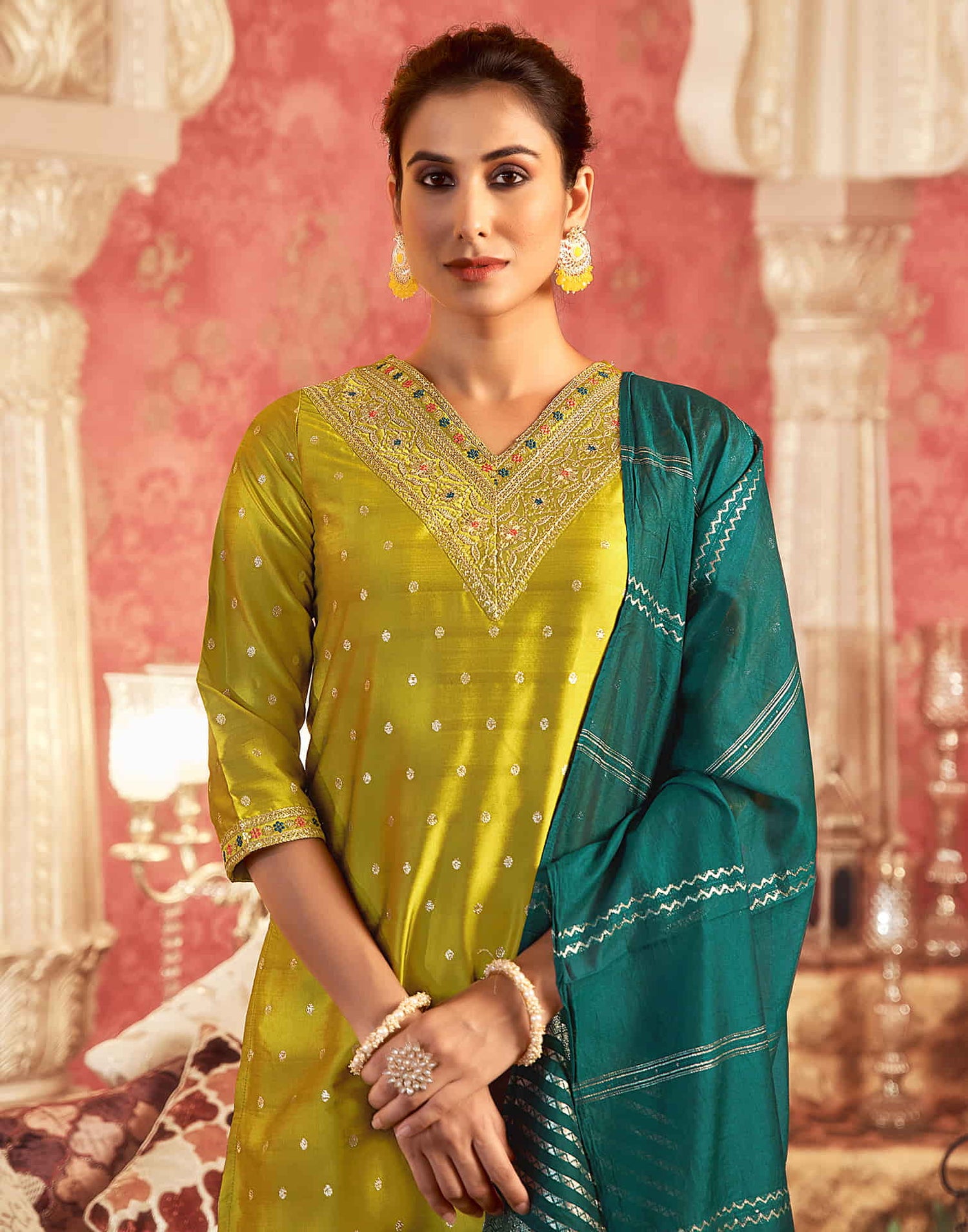 Mustard Green Silk Plain Straight Kurta Set With Dupatta