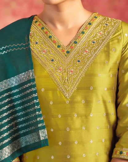 Mustard Green Silk Plain Straight Kurta Set With Dupatta