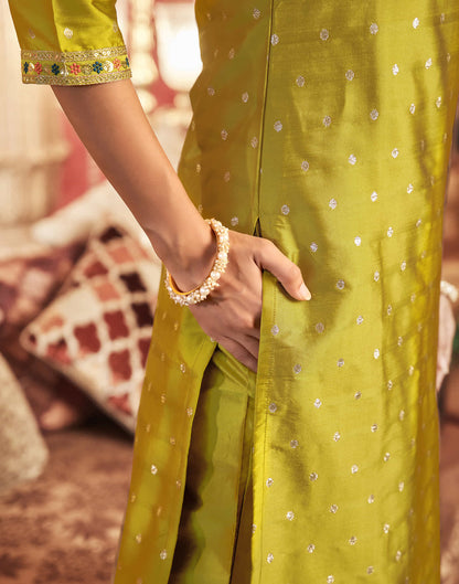 Mustard Green Silk Plain Straight Kurta Set With Dupatta