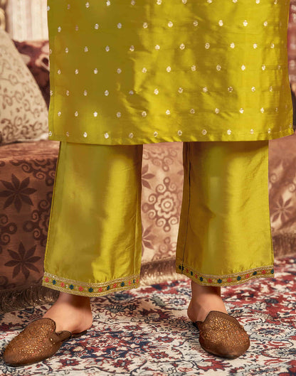 Mustard Green Silk Plain Straight Kurta Set With Dupatta