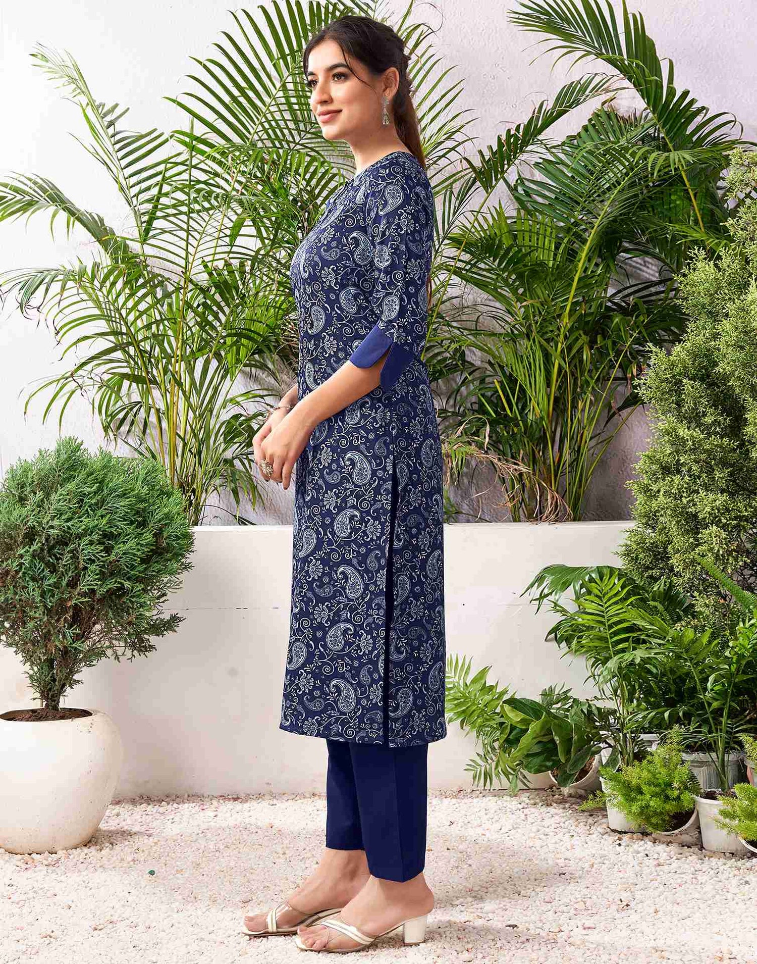 Navy Blue Polyester Printed Straight Kurta Set With Dupatta