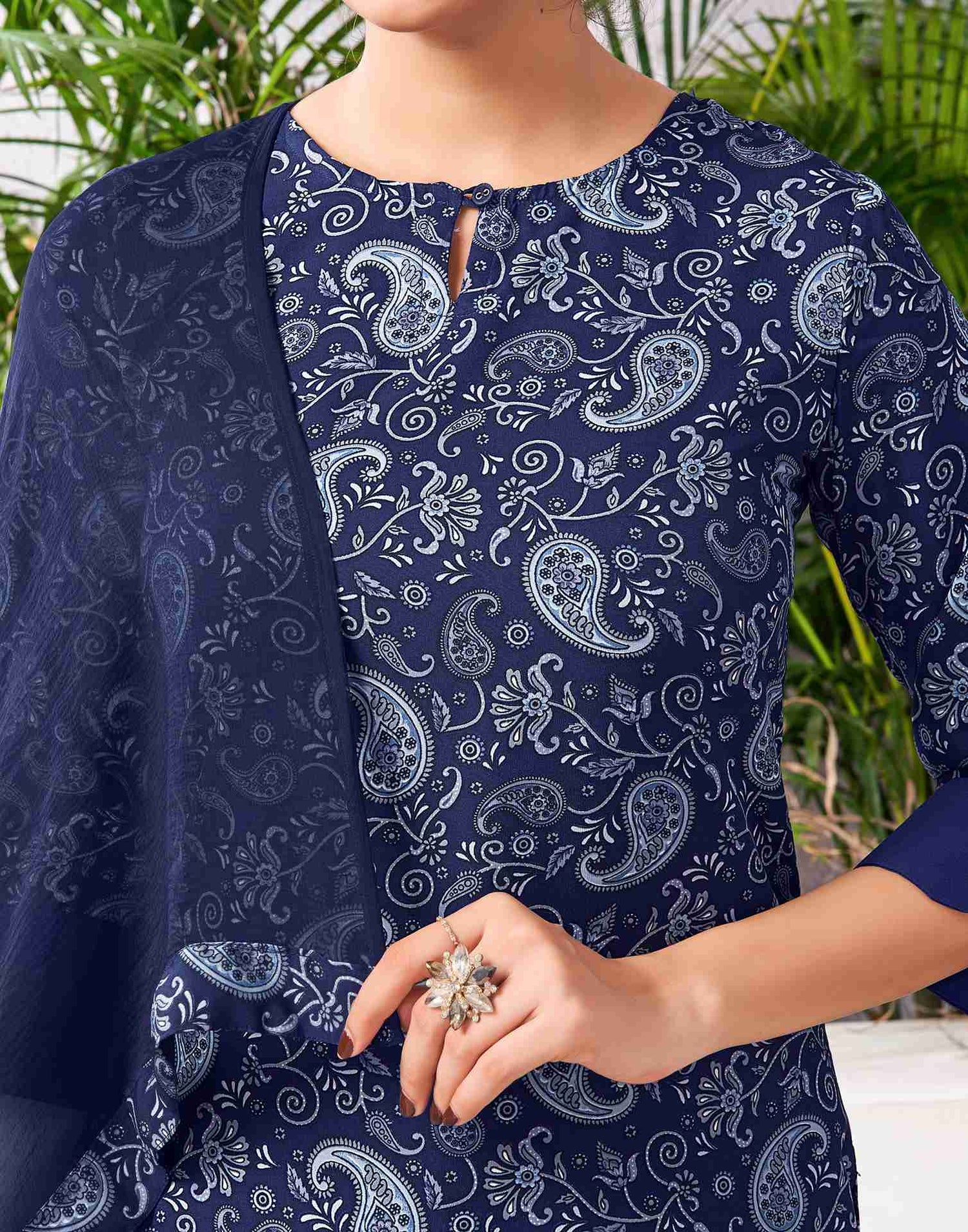 Navy Blue Polyester Printed Straight Kurta Set With Dupatta