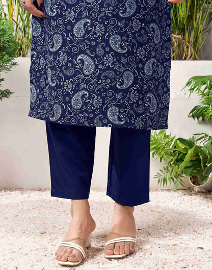 Navy Blue Polyester Printed Straight Kurta Set With Dupatta