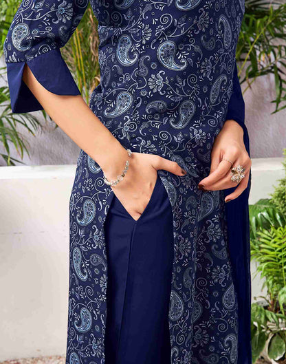 Navy Blue Polyester Printed Straight Kurta Set With Dupatta