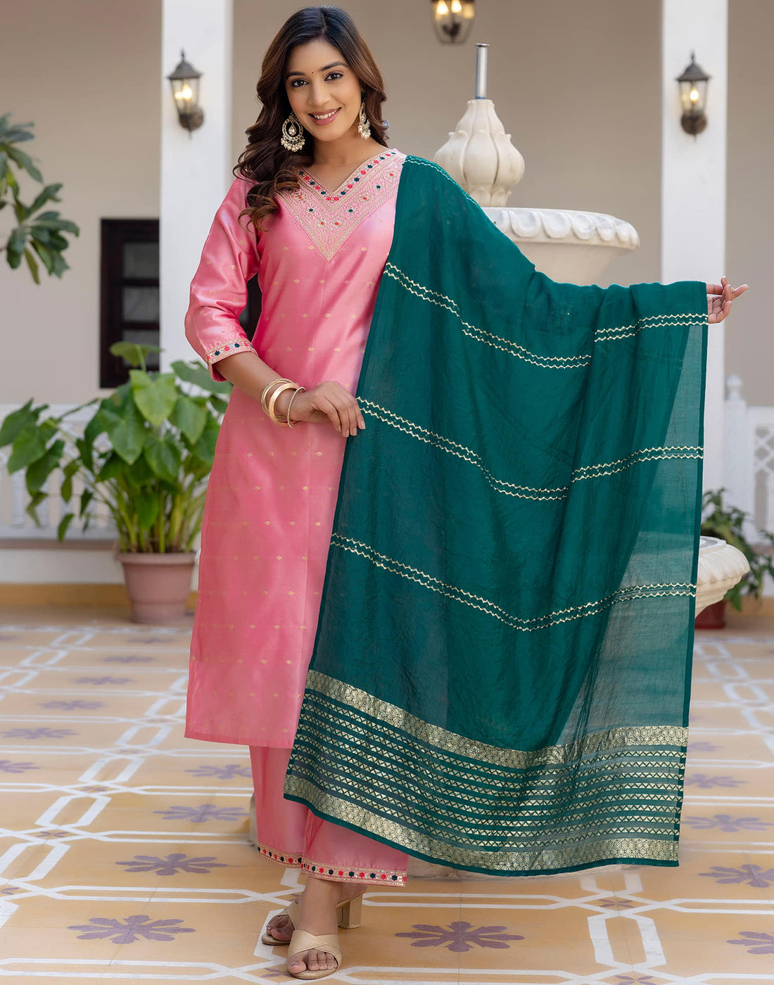 Dull Pink Taffeta Embroidery Straight Kurta Set With Dupatta