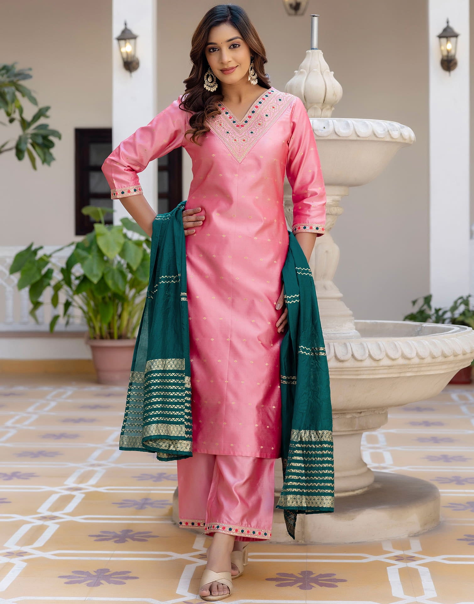 Dull Pink Taffeta Embroidery Straight Kurta Set With Dupatta