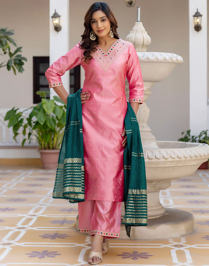 Dull Pink Taffeta Embroidery Straight Kurta Set With Dupatta