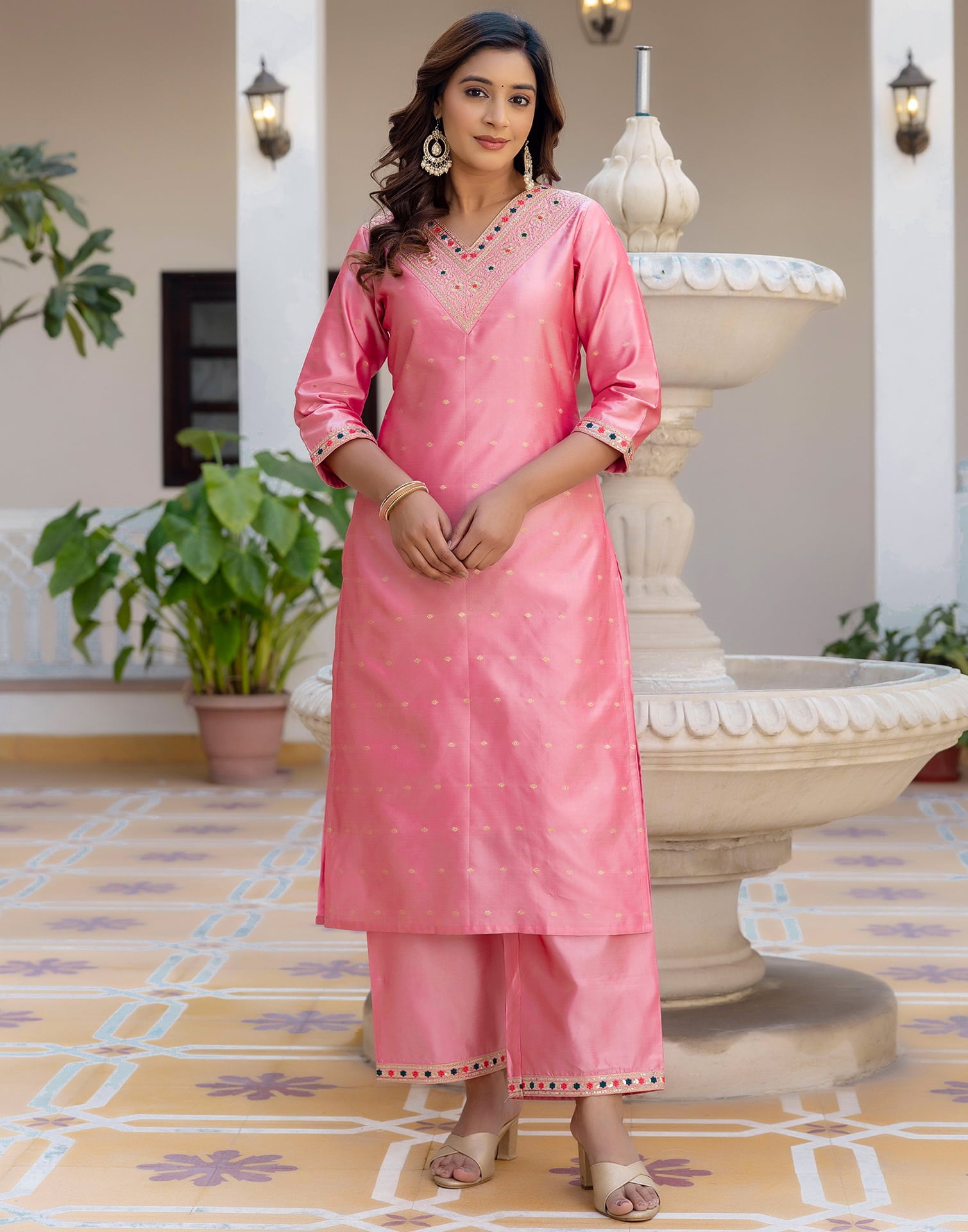 Dull Pink Taffeta Embroidery Straight Kurta Set With Dupatta
