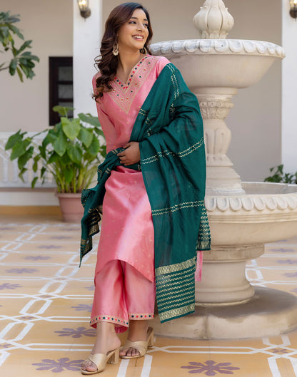 Dull Pink Taffeta Embroidery Straight Kurta Set With Dupatta