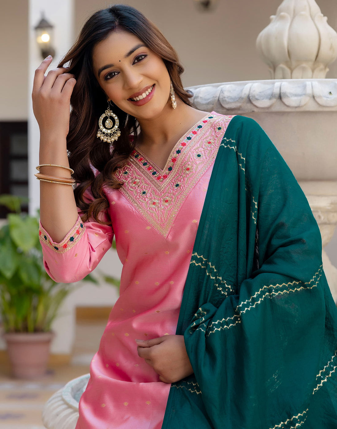 Dull Pink Taffeta Embroidery Straight Kurta Set With Dupatta