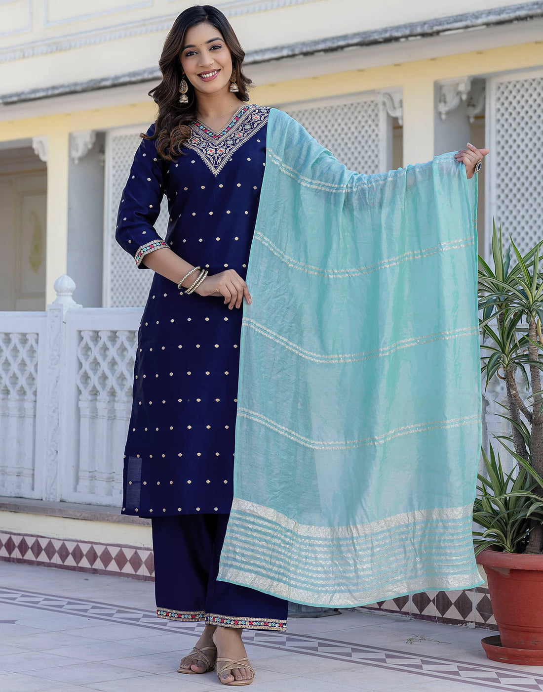 Navy Blue Taffeta Embroidery Straight Kurta Set With Dupatta