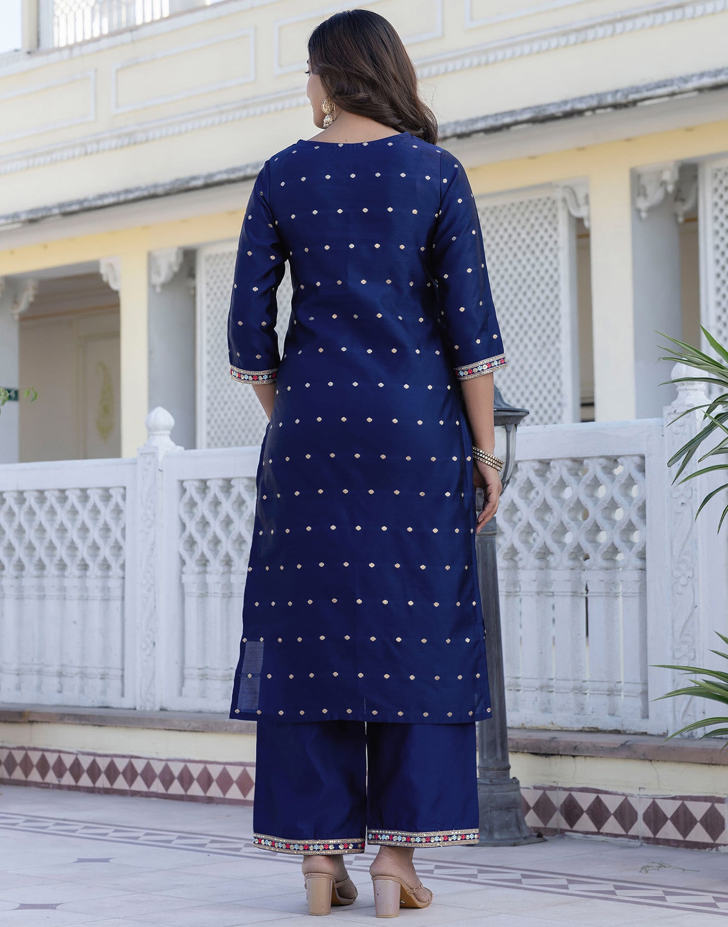 Navy Blue Taffeta Embroidery Straight Kurta Set With Dupatta