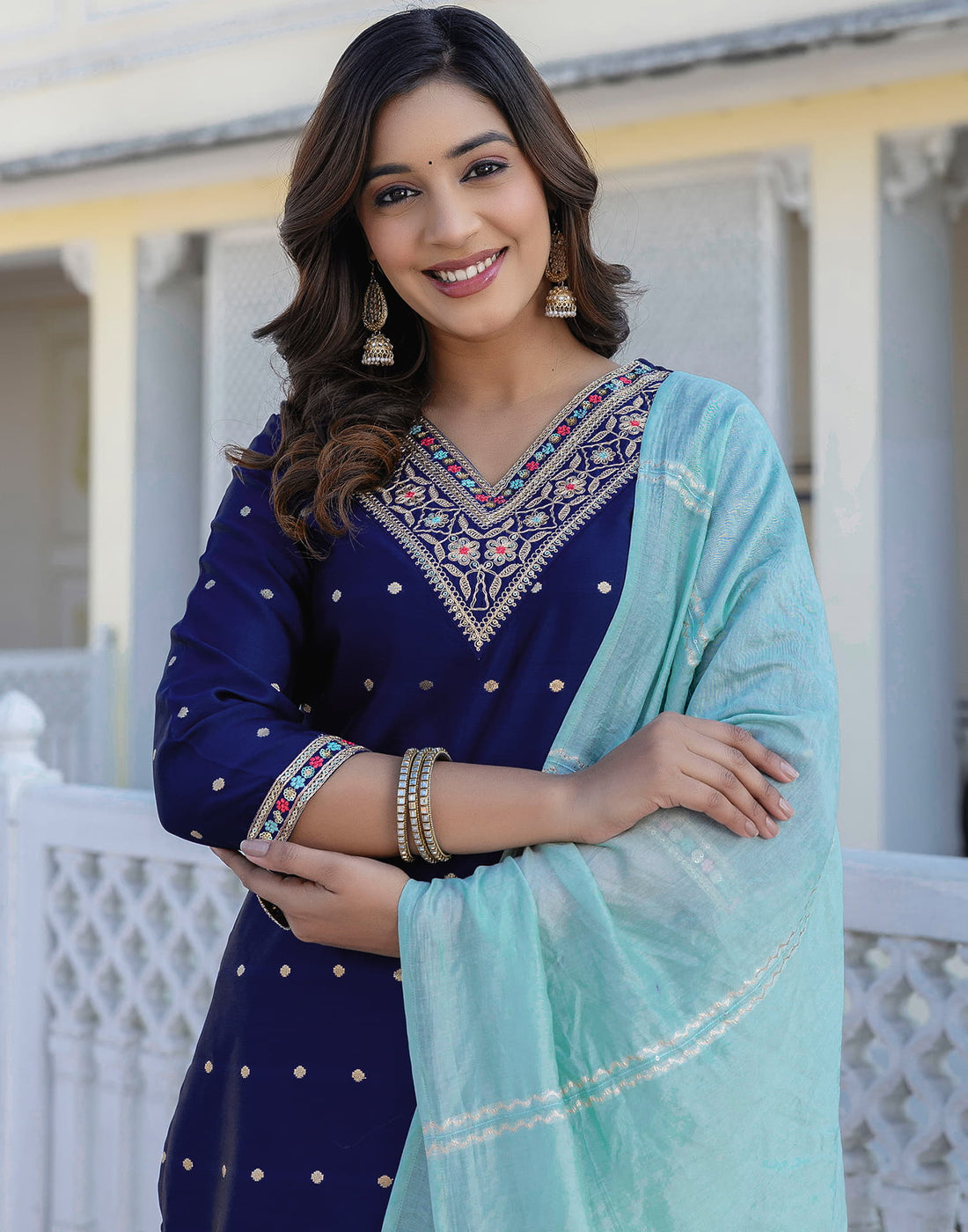 Navy Blue Taffeta Embroidery Straight Kurta Set With Dupatta