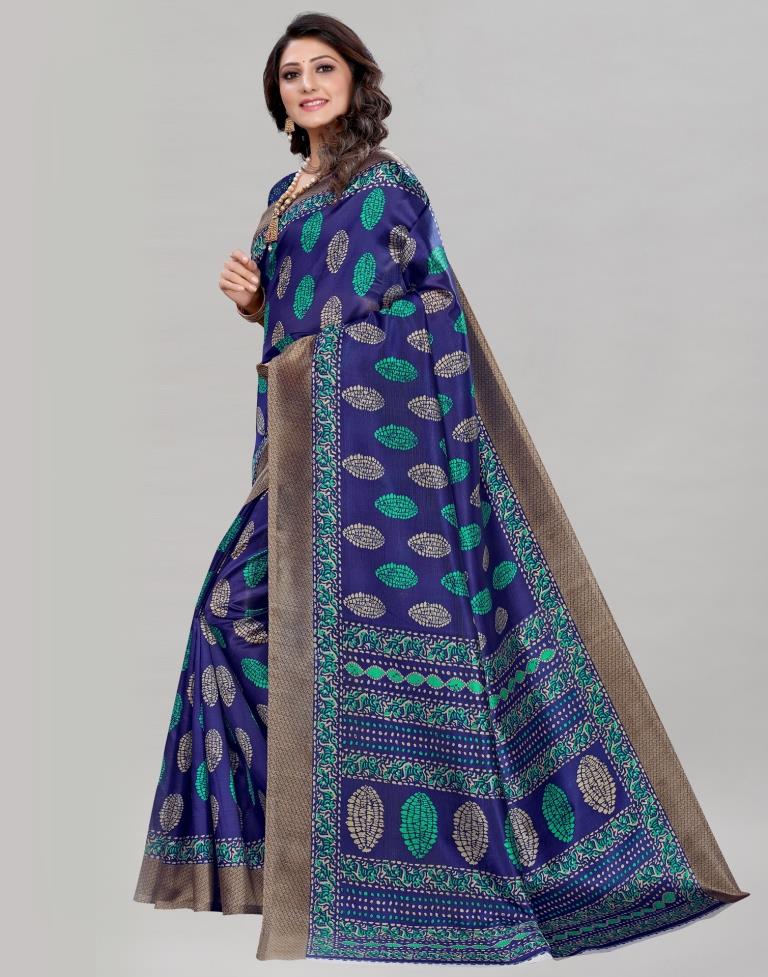 Navy Blue Printed Silk Saree | Sudathi