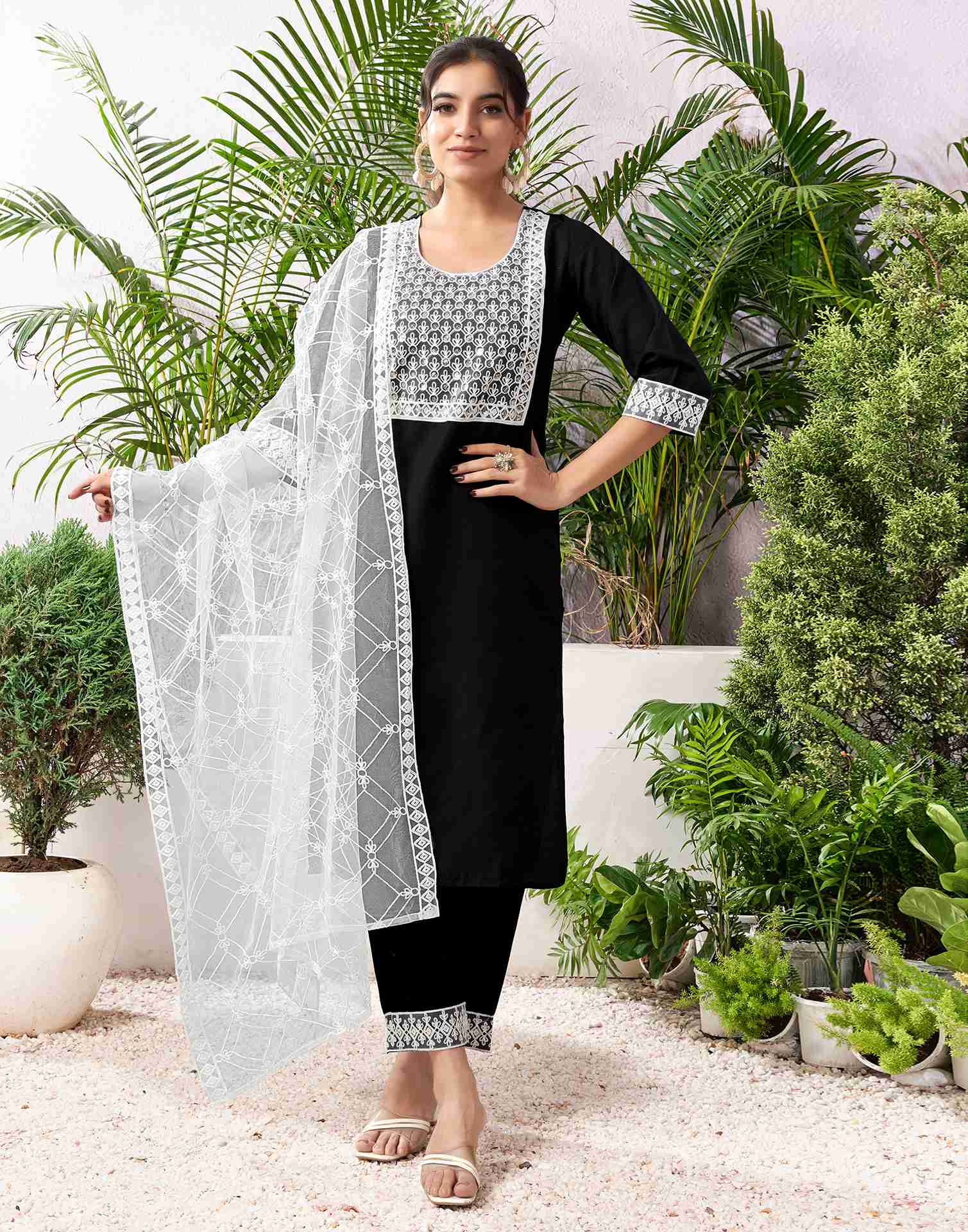 Black Cotton Embroidery Straight Kurta Set With Dupatta