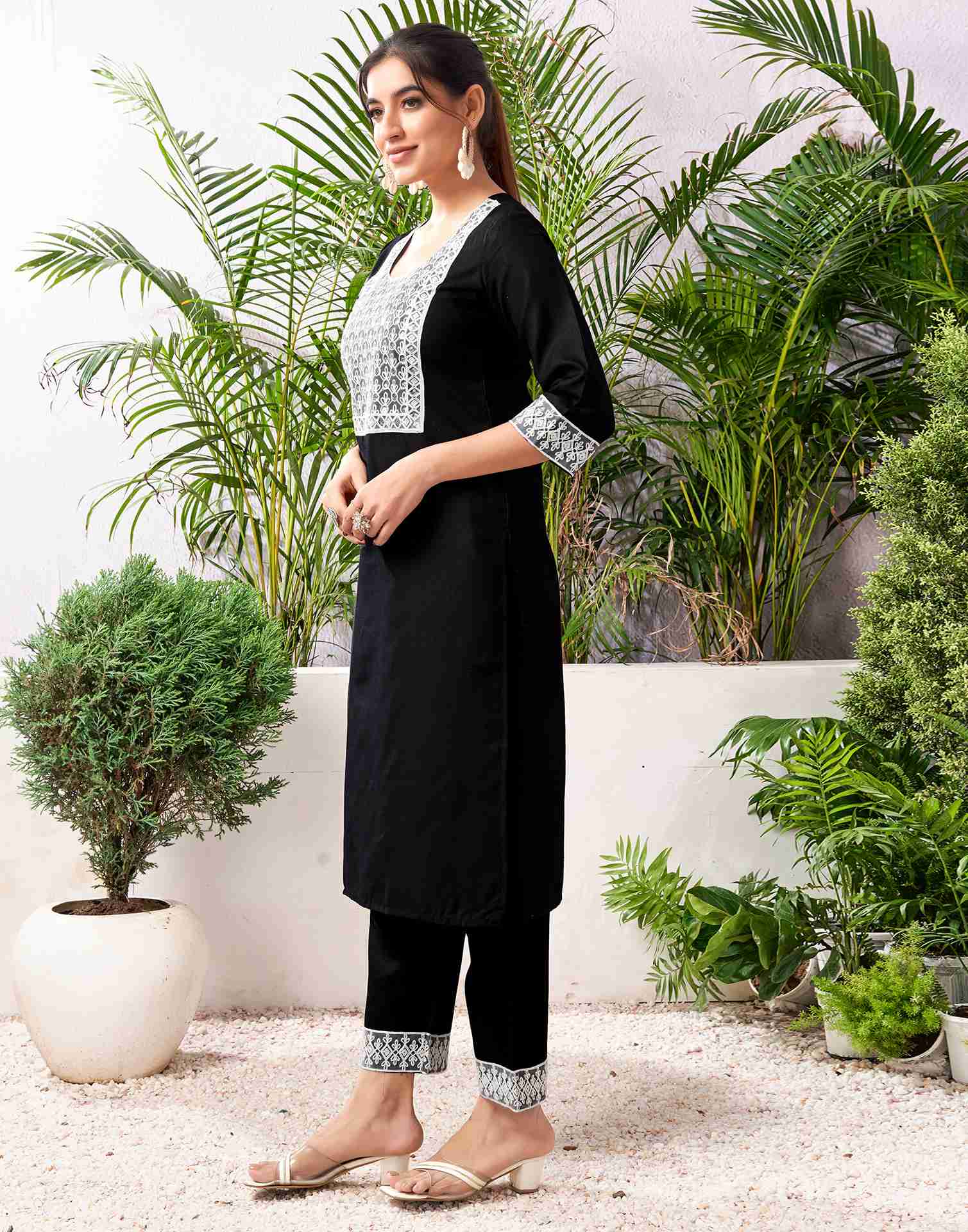 Black Cotton Embroidery Straight Kurta Set With Dupatta