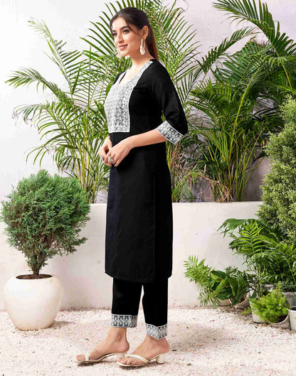 Black Cotton Embroidery Straight Kurta Set With Dupatta