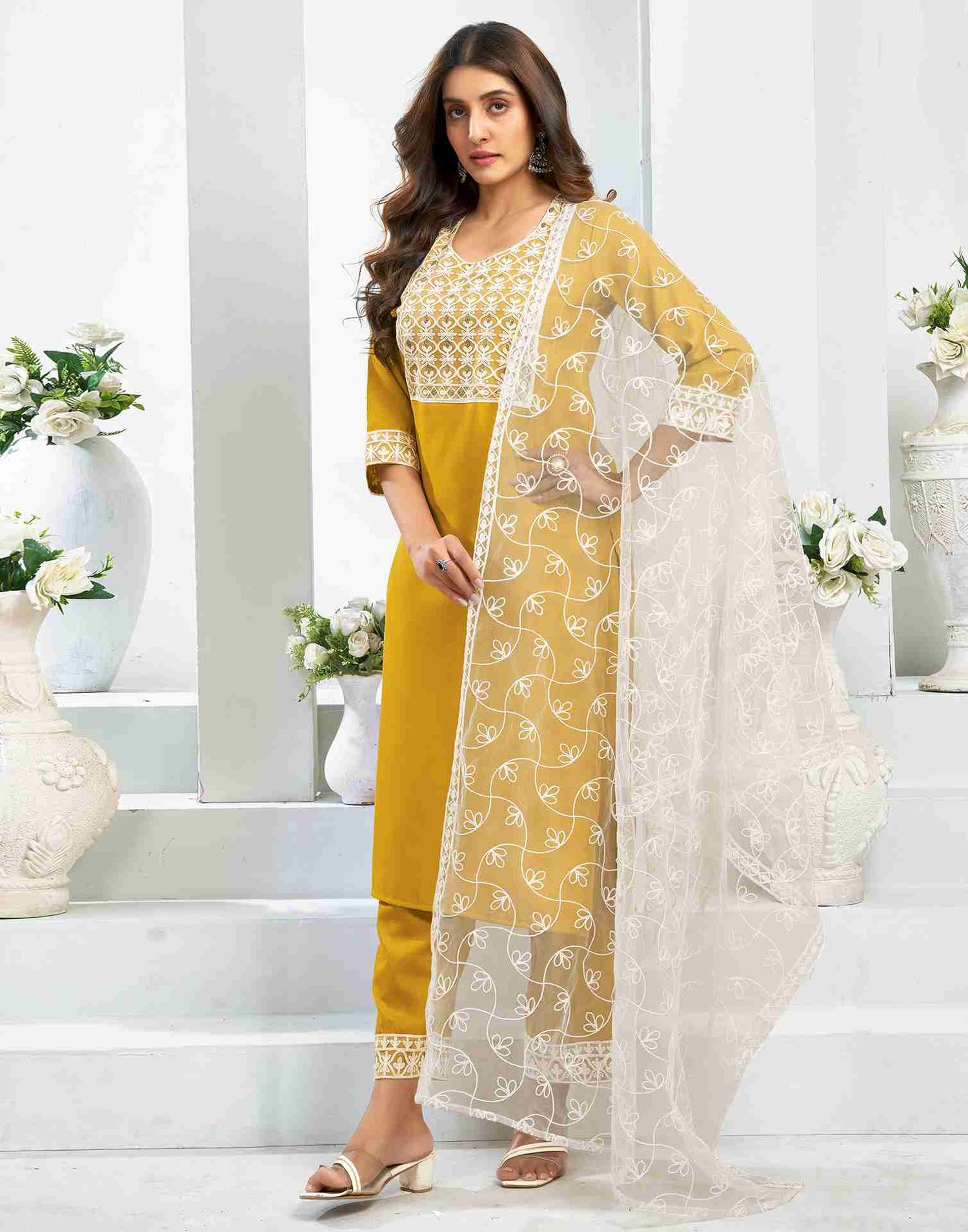 Yellow Cotton Embroidery Straight Kurta Set With Dupatta