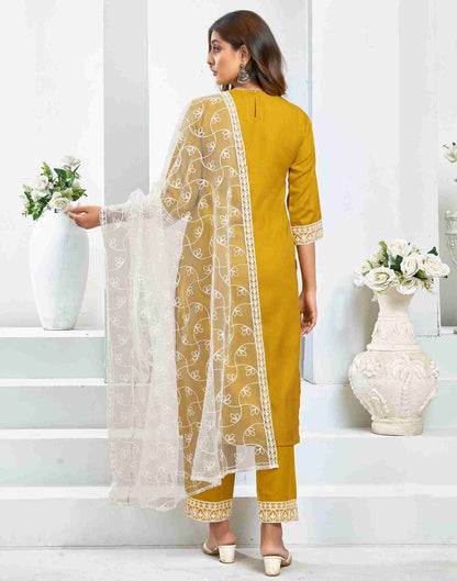 Yellow Cotton Embroidery Straight Kurta Set With Dupatta