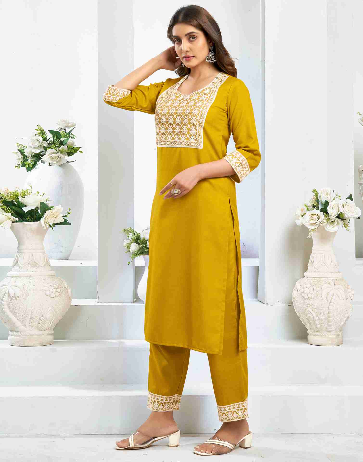 Yellow Cotton Embroidery Straight Kurta Set With Dupatta