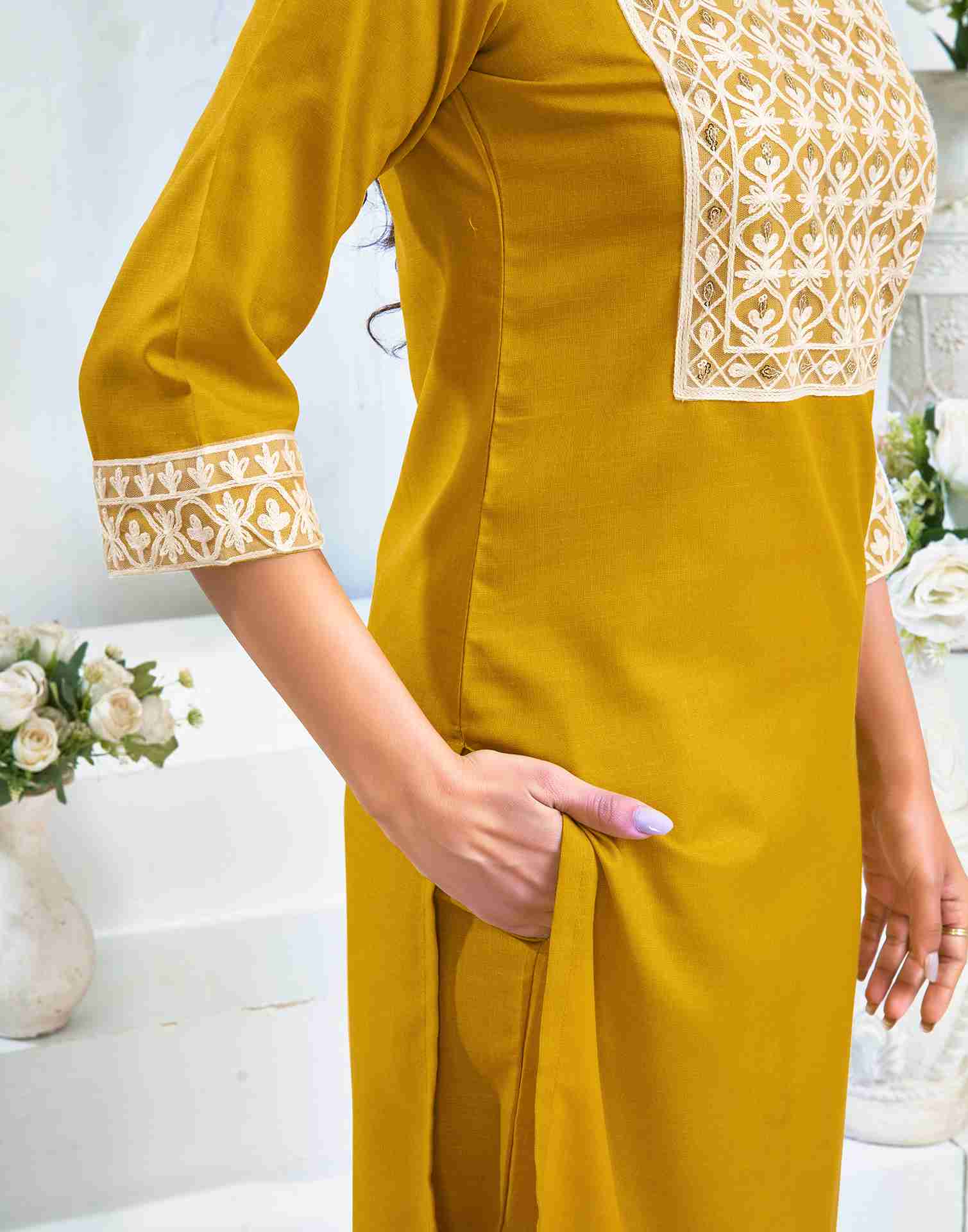 Yellow Cotton Embroidery Straight Kurta Set With Dupatta