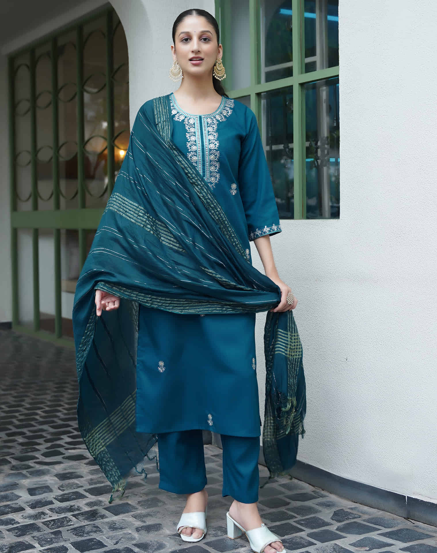 Rama Blue Cotton Sequence Straight Kurta Set With Dupatta