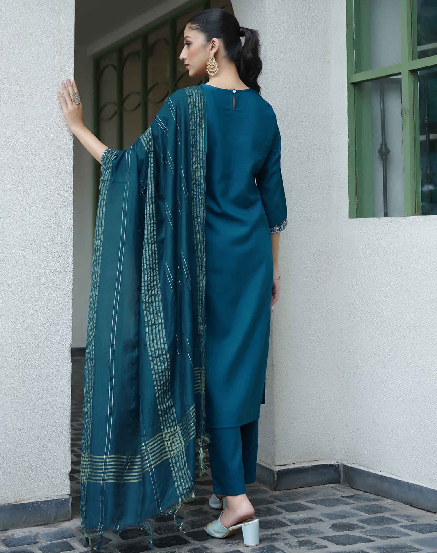 Rama Blue Cotton Sequence Straight Kurta Set With Dupatta