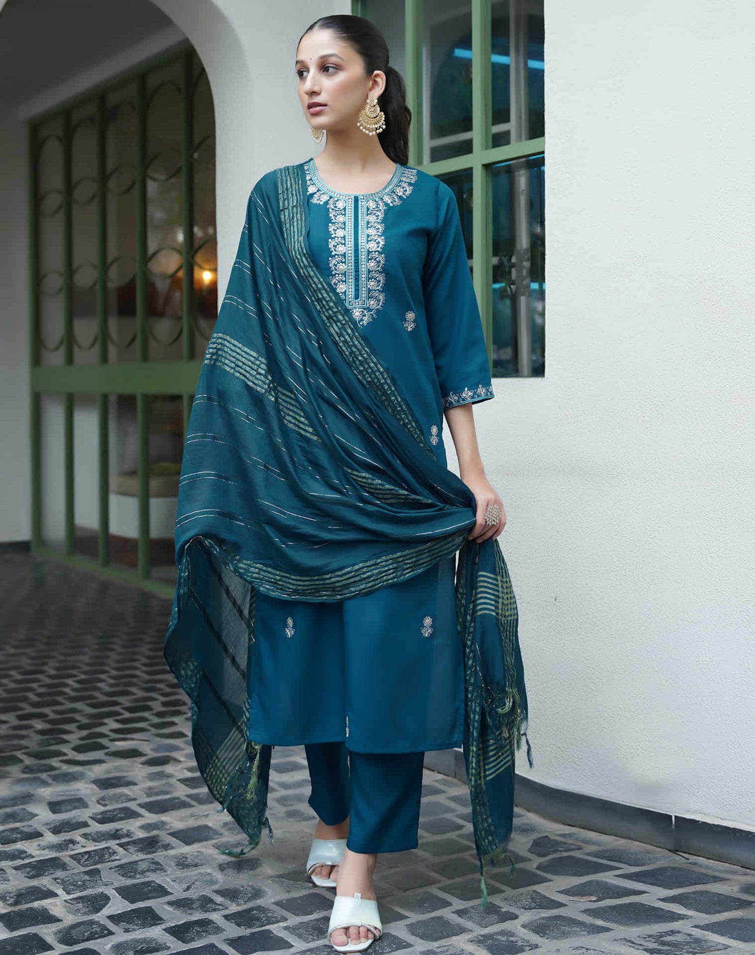 Rama Blue Cotton Sequence Straight Kurta Set With Dupatta