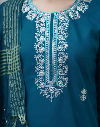 Rama Blue Cotton Sequence Straight Kurta Set With Dupatta