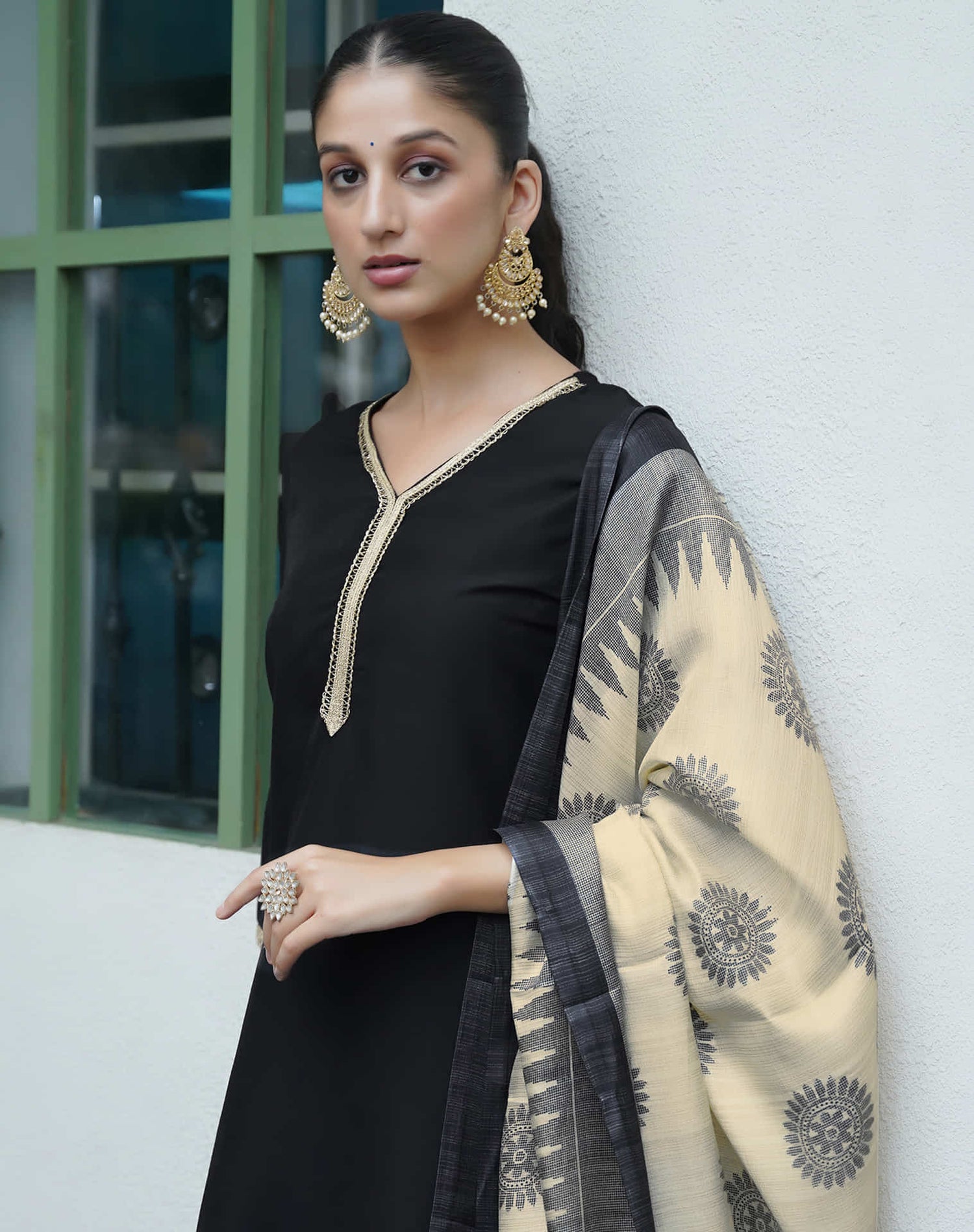 Black Chinnon Lace Straight Kurta Set With Dupatta