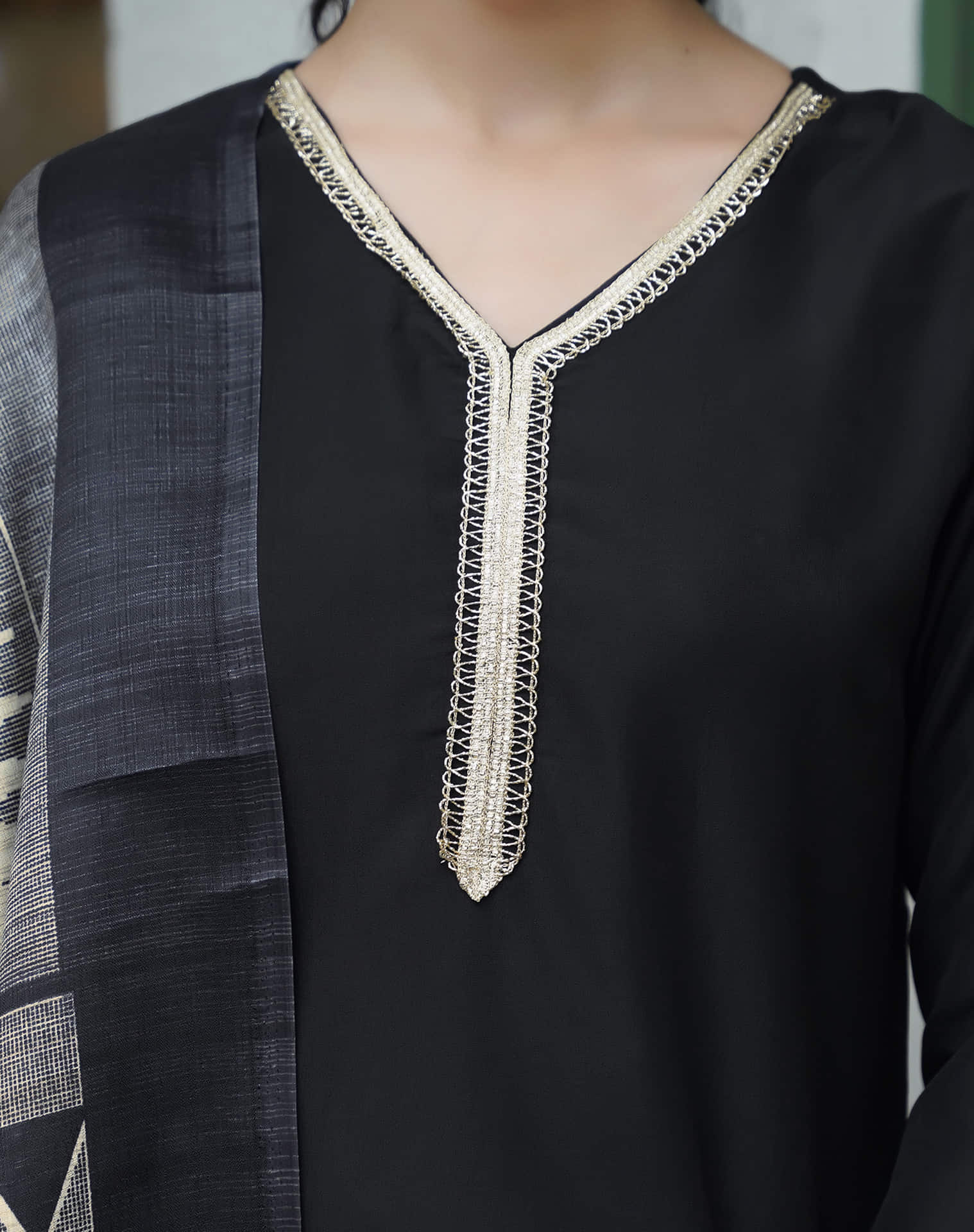 Black Chinnon Lace Straight Kurta Set With Dupatta