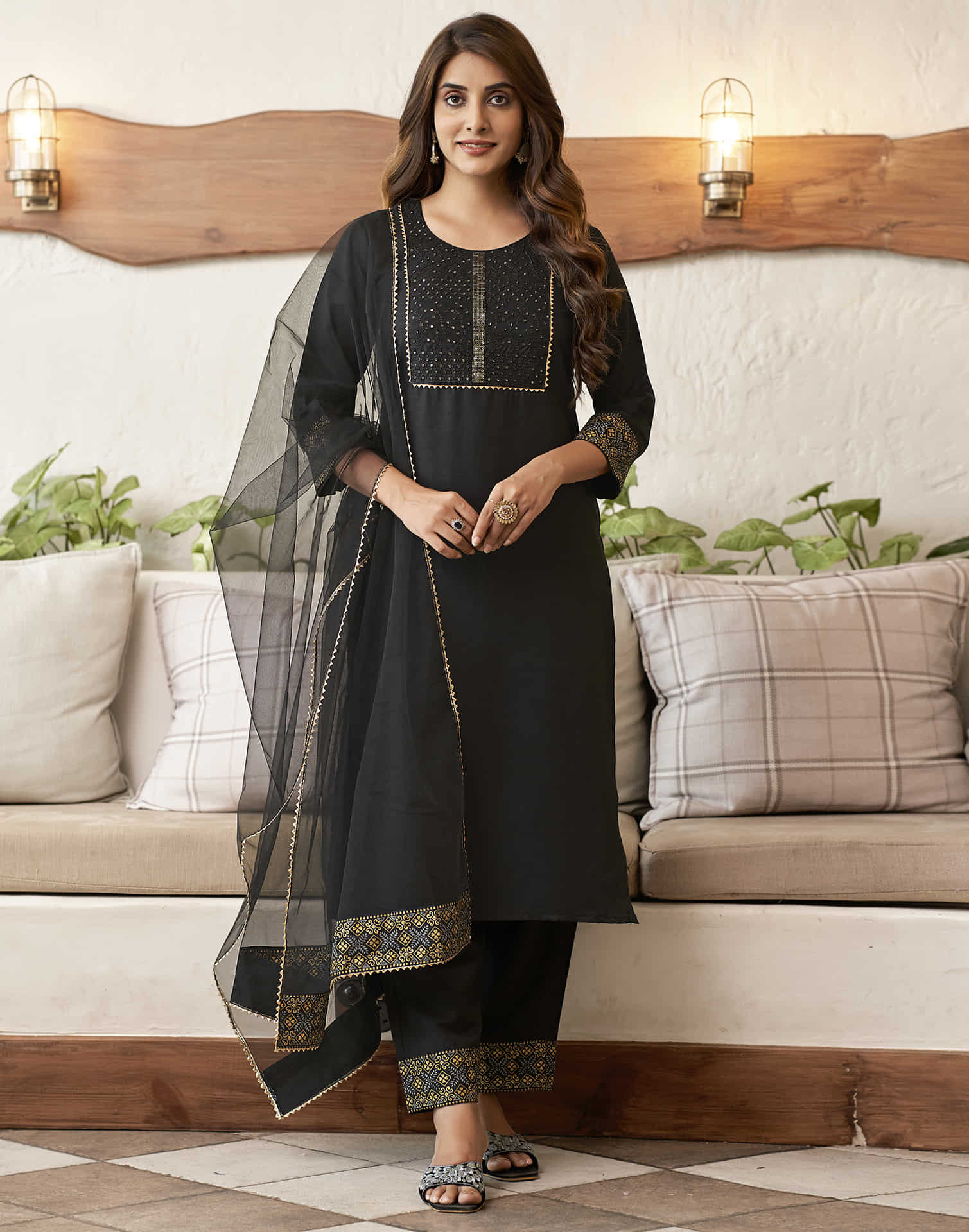 Black Embroidery Cotton Straight Kurta With Pant And Dupatta