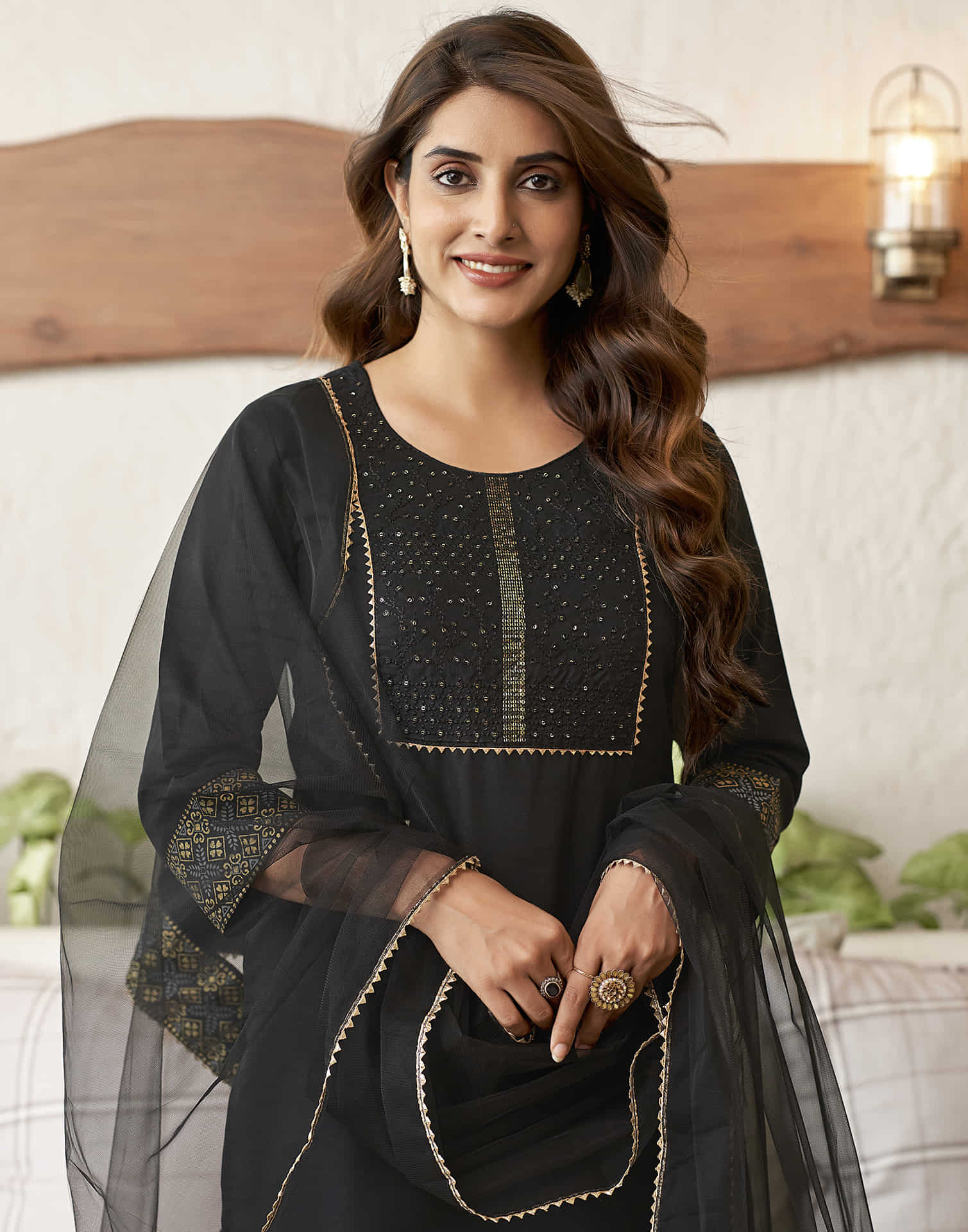 Black Embroidery Cotton Straight Kurta With Pant And Dupatta