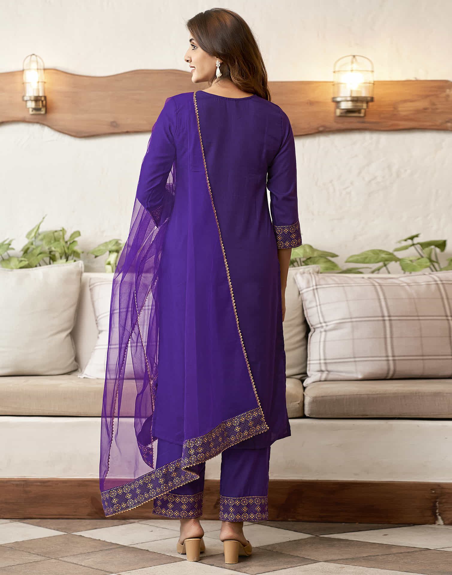 Violet Embroidery Cotton Straight Kurta With Pant And Dupatta