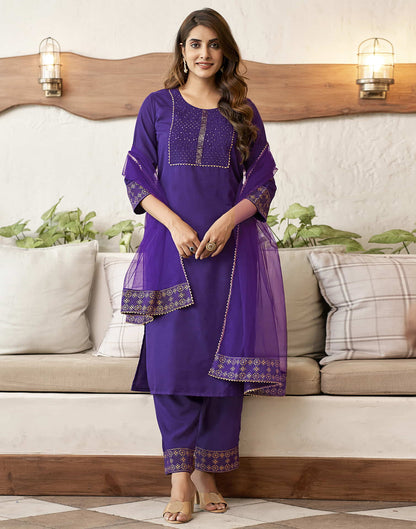 Violet Embroidery Cotton Straight Kurta With Pant And Dupatta