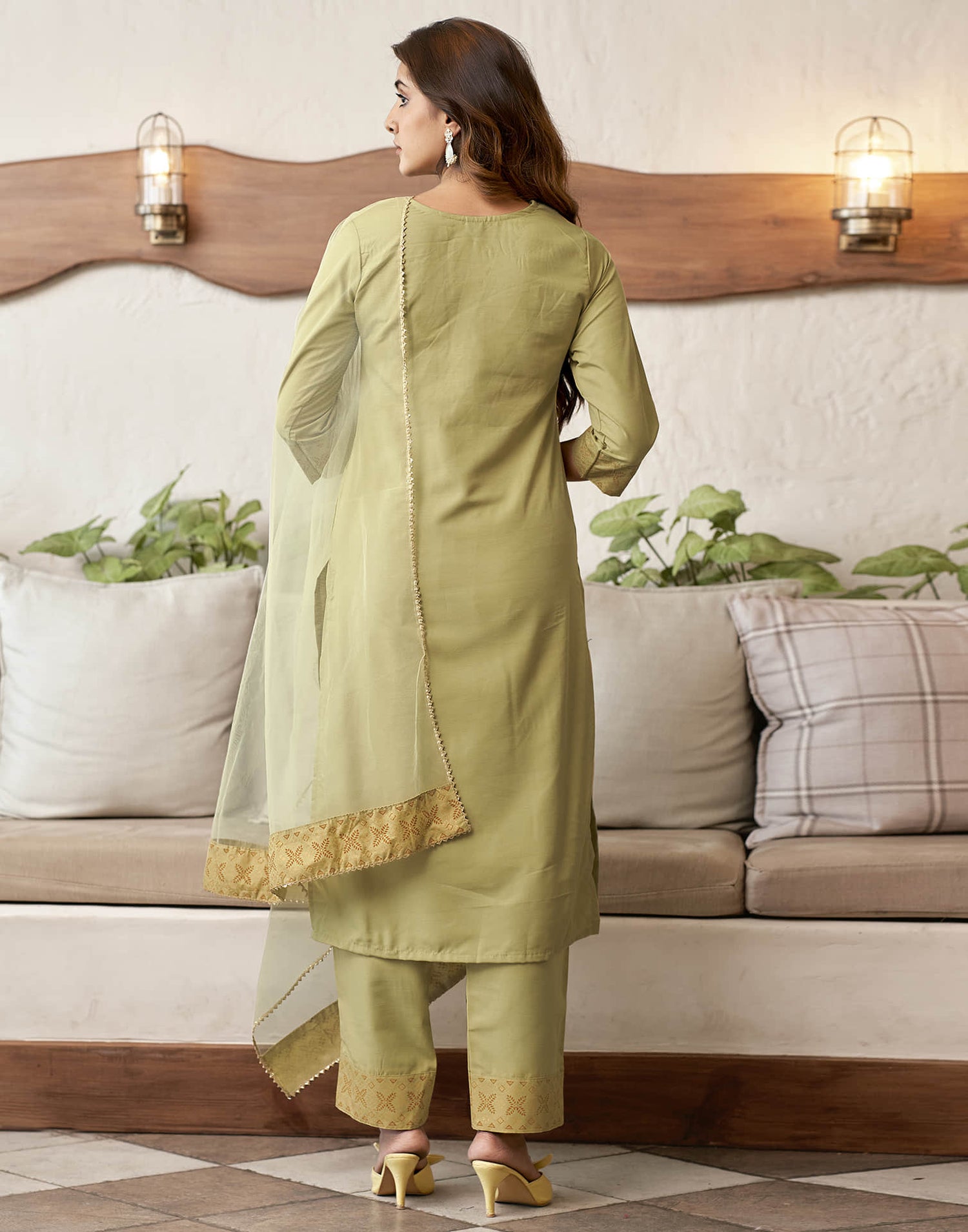 Khaki Embroidery Cotton Straight Kurta With Pant And Dupatta