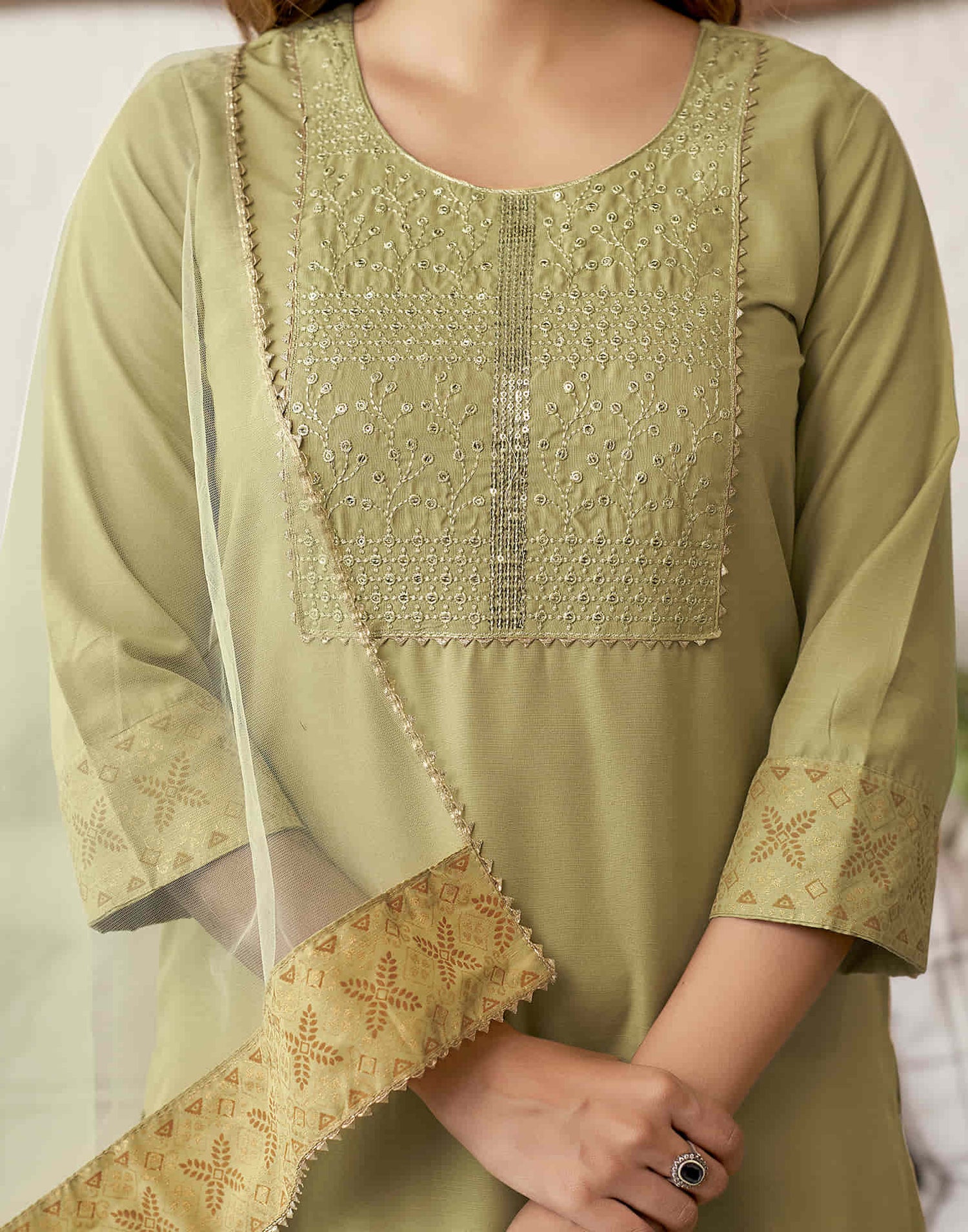 Khaki Embroidery Cotton Straight Kurta With Pant And Dupatta