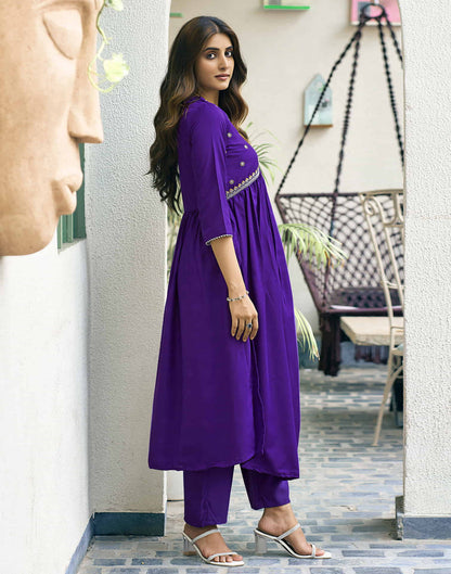 Violet Embroidery Cotton Flared Kurta With Pant And Dupatta