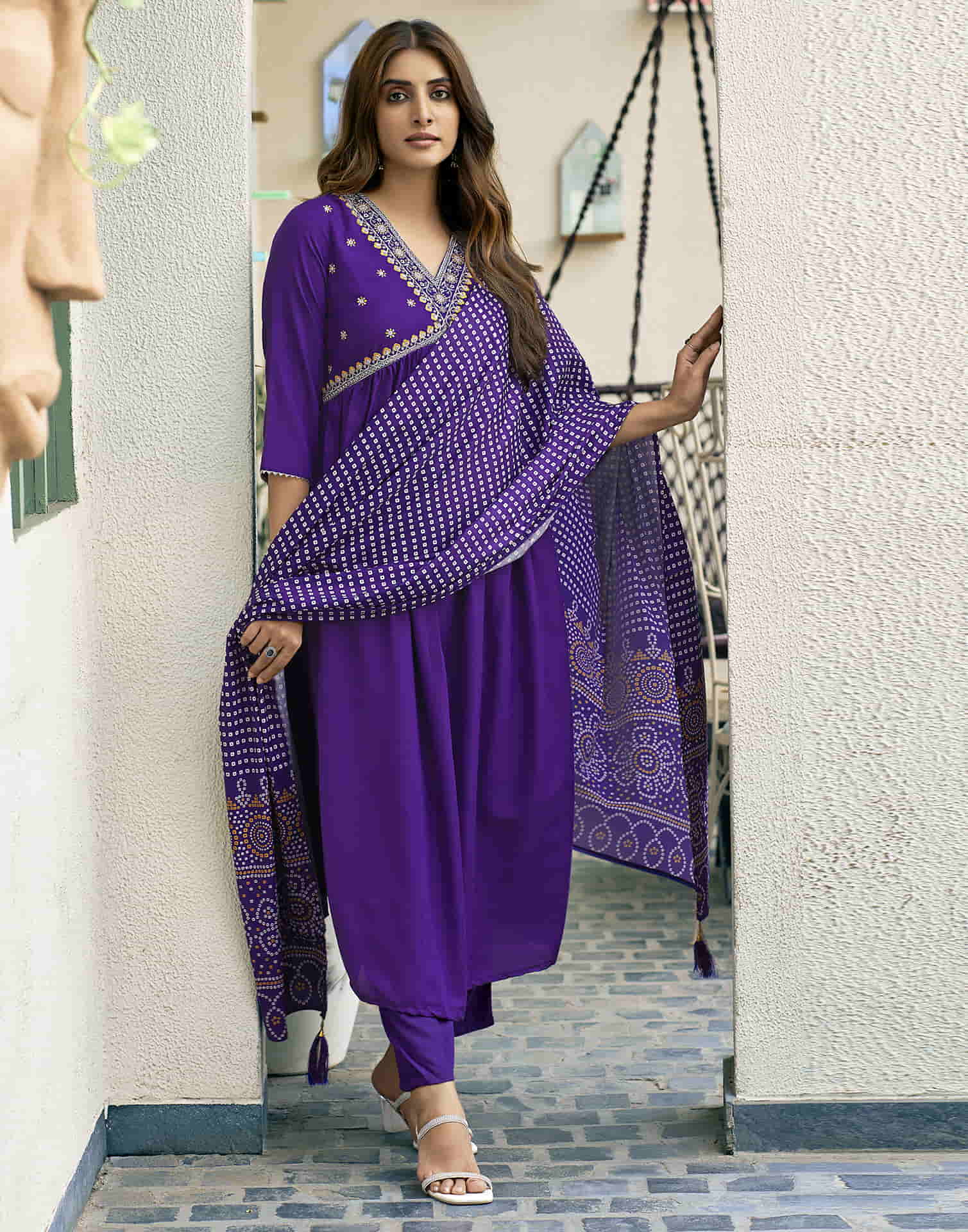 Violet Embroidery Cotton Flared Kurta With Pant And Dupatta