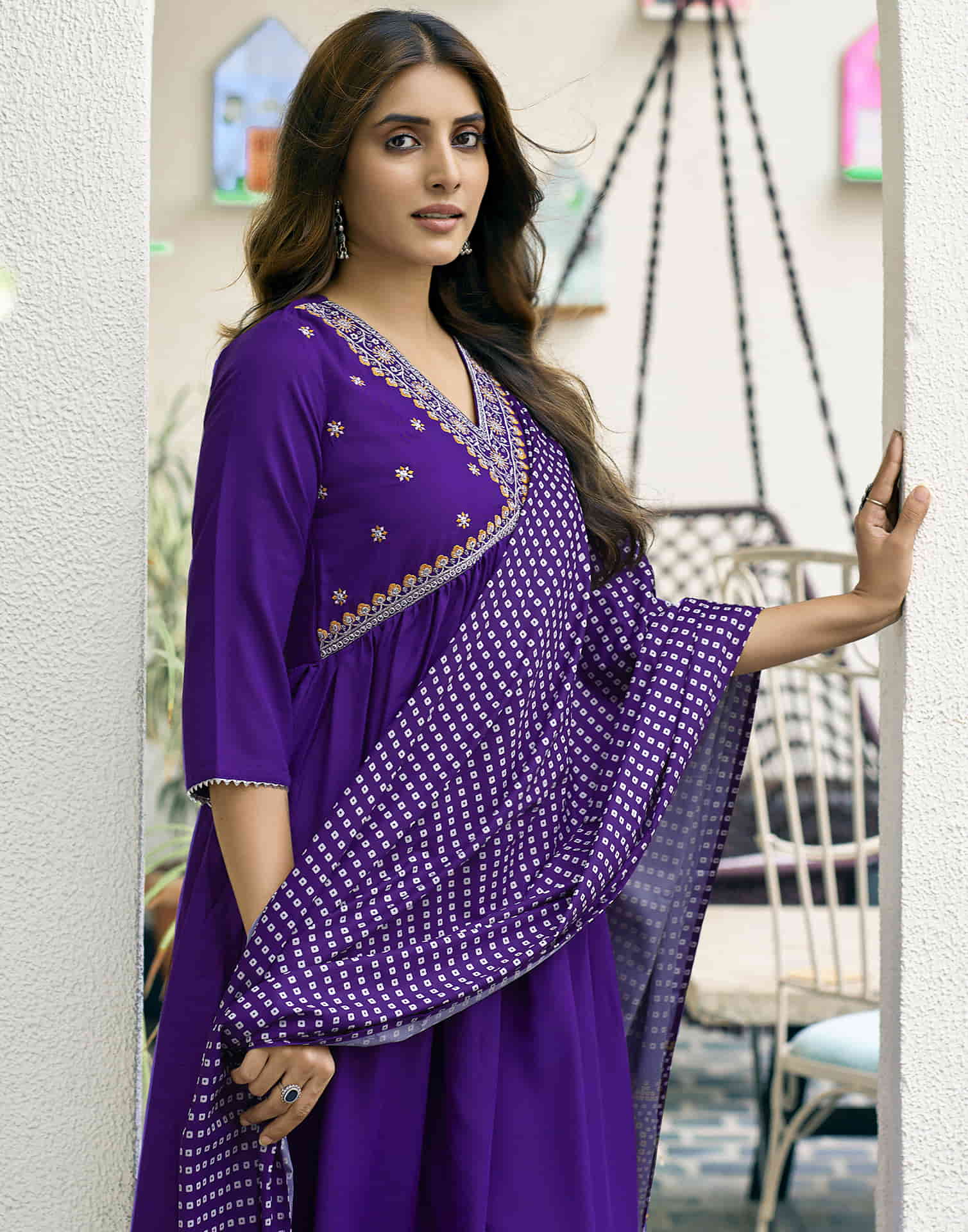 Violet Embroidery Cotton Flared Kurta With Pant And Dupatta